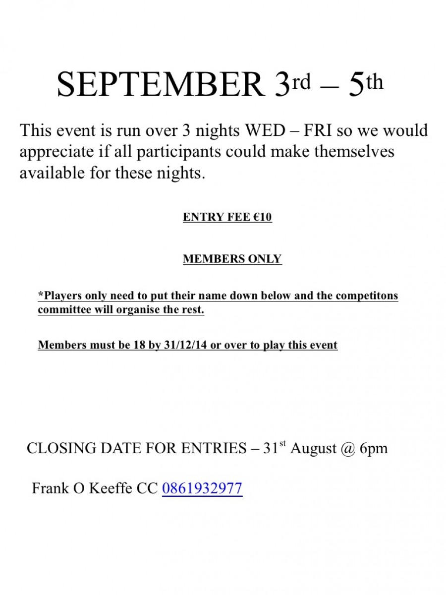 President’s Prize – September 3rd – 5th