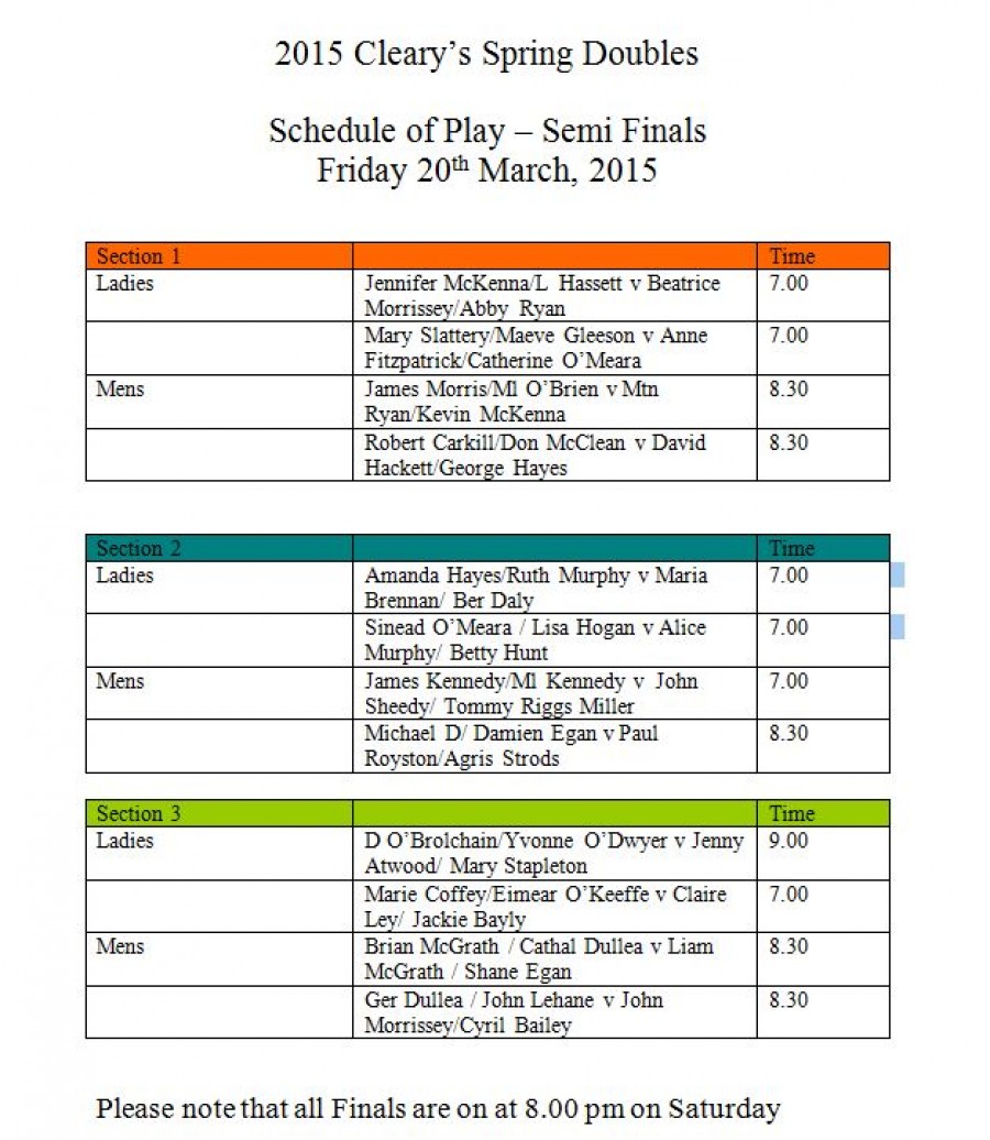 Cleary’s Semi Finals – Friday’s Schedule