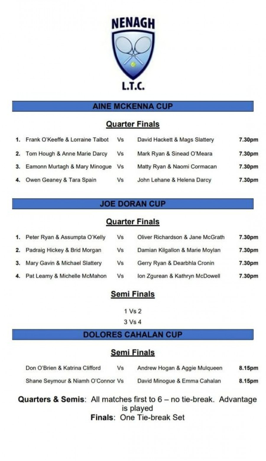 Joe Doran/Dolores Cahalan/Aine McKenna Cups 2020 – Finals Night Schedule