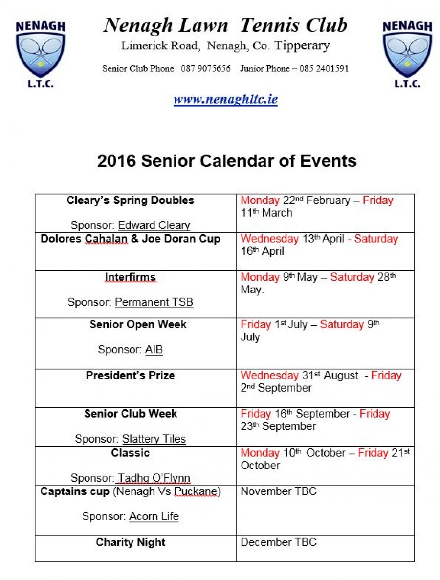 2016 Senior Calendar of Events & News Round Up