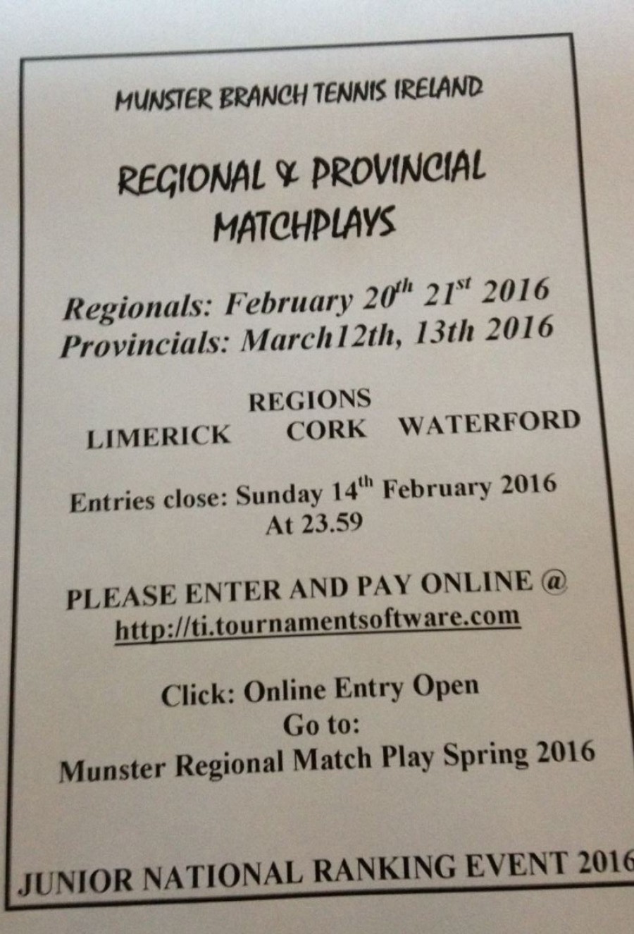 Junior Munster Regional & Provincial MatchPlays