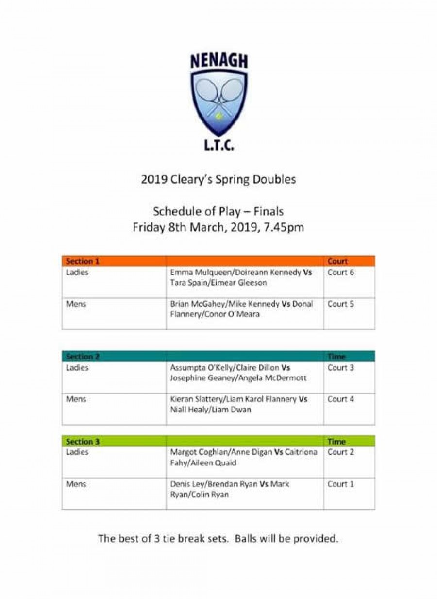 Cleary’s Spring Doubles Finals 2019 Schedule of Play