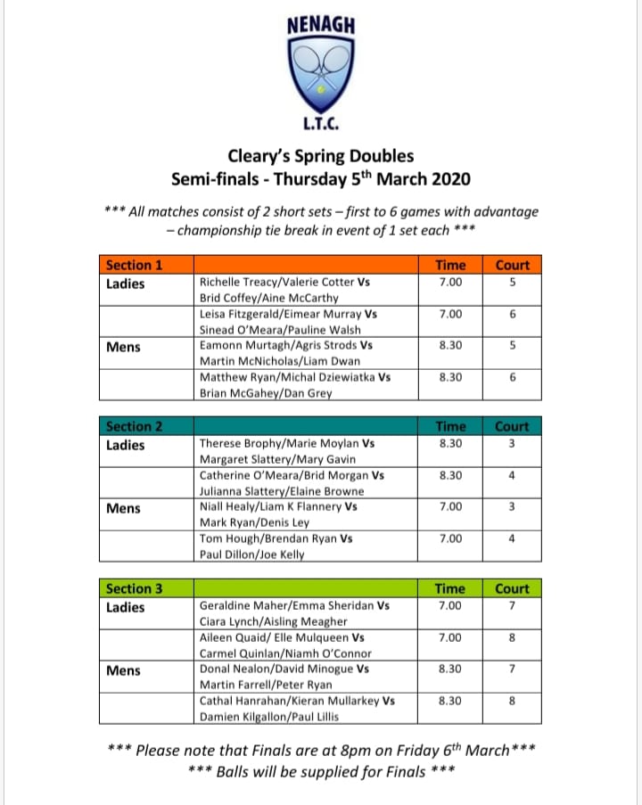 Clearys Spring Doubles Semis Finals 2020
