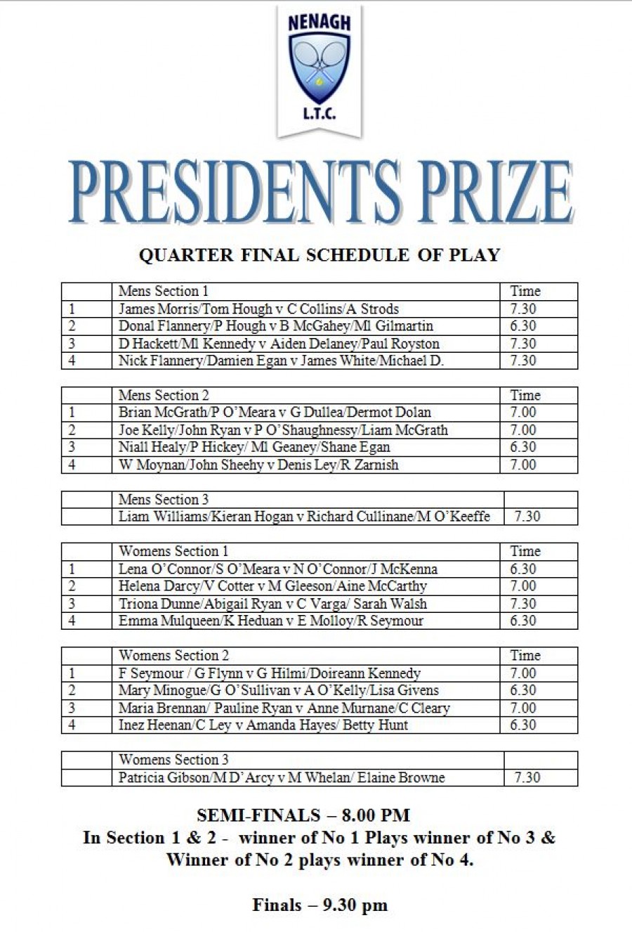 Presidents Prize – Friday Schedule of Play