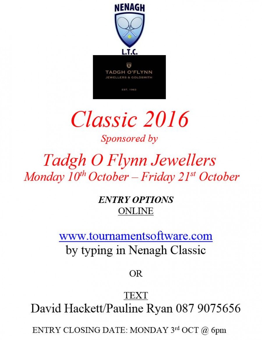 Tadgh O’Flynn Classic – Entry Deadline Mon 3rd October